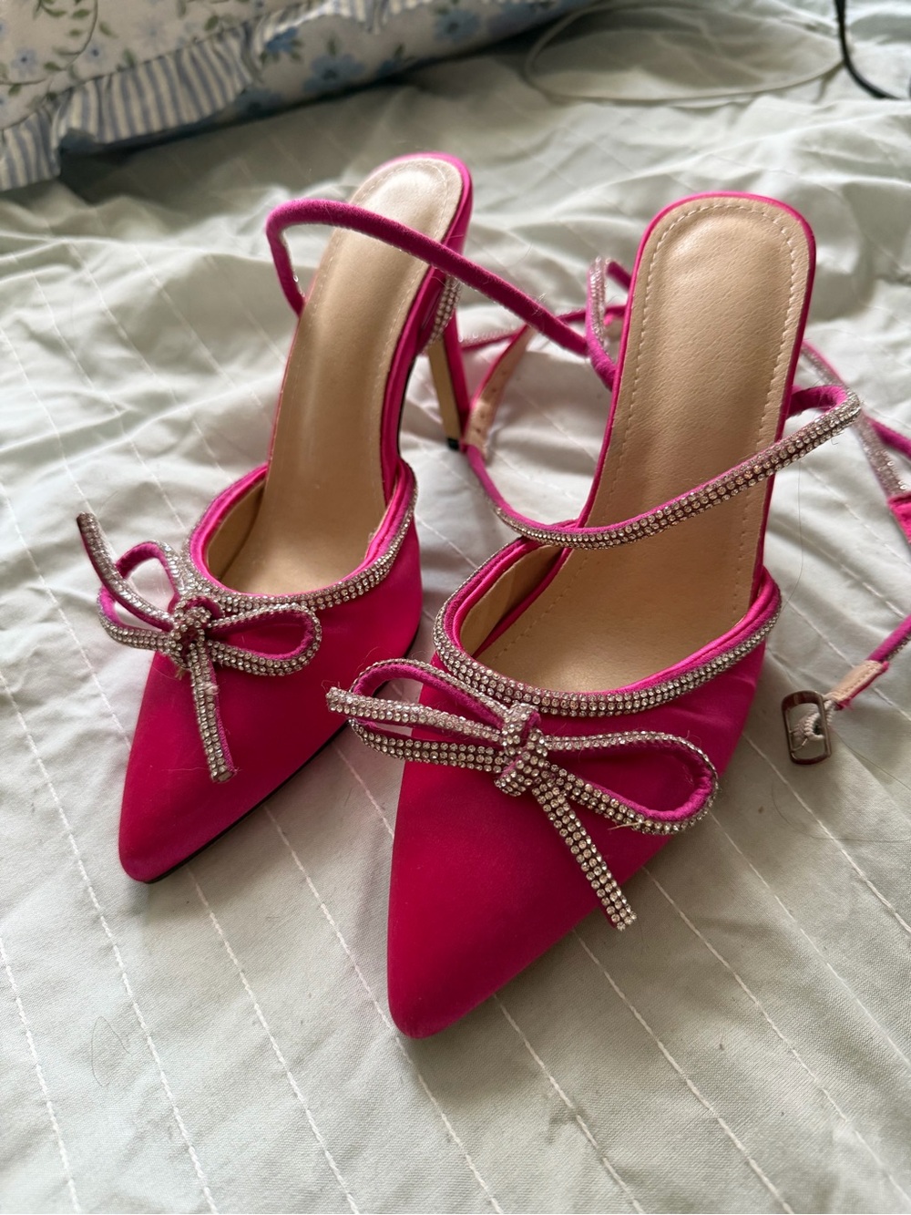 Women's Hot Pink Pointed Toe Heels with Rhinestone Bow